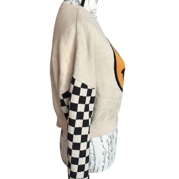 Originality Smiley Sweater Checked Sleeves Cropped Juniors Size M Cream & Black - Picture 2 of 6